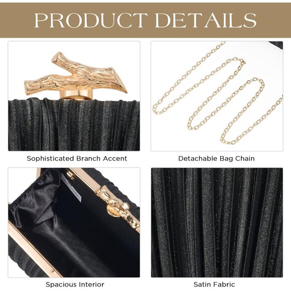 Women's Evening Formal Leather Shoulder Clutch Chain Strap Black Satin Bag - Picture 3 of 6